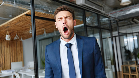 A young professional man in a blue suit yawns in a stylish office environment, capturing the feelings of fatigue and stress during a busy workday.の素材