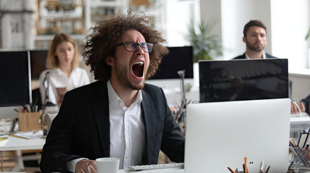 A frustrated businessman yells in a modern office setting, highlighting the emotional challenges of corporate life, while colleagues remain focused on their tasks.の素材