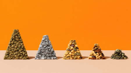 A visually striking arrangement of pyramid-shaped snacks and nuts against a bold orange backdrop, showcasing different textures and colors for a delicious appeal.の素材