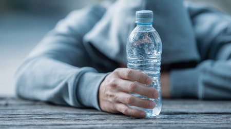 A person wearing a hoodie sits at a table, holding a clear water bottle. The image conveys themes of hydration and reflection, capturing a serene outdoor moment.の素材