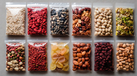 A visually appealing arrangement of assorted dried fruits, nuts, and seeds in clear plastic bags, showcasing a variety of textures and colors perfect for healthy snacking.の素材