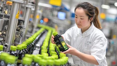 A dedicated worker inspects bottled juice on a modern production line in a factory setting, showcasing the focus on quality and health in beverage manufacturing.の素材