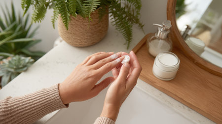 A woman applies moisturizing cream in a bright and inviting bathroom filled with greenery, capturing a moment of self-care and tranquility.の素材