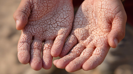 The image showcases a close-up view of two hands showing severe dryness and cracks, highlighting the effects of dehydration and environmental stress.の素材