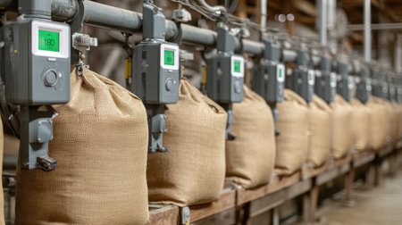 This image showcases a state-of-the-art weighing system in an industrial setting, featuring multiple precision scales and sacks, illustrating effective bulk material management.の素材