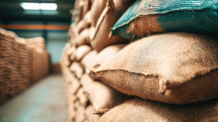 This image captures a close-up view of stacked burlap sacks in an industrial warehouse, showcasing a well-organized storage area with soft natural lighting.の素材
