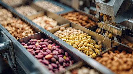 A vibrant array of nuts is being efficiently sorted on a conveyor belt in a state-of-the-art facility, highlighting their quality and natural freshness.の素材
