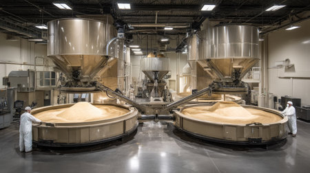 This image showcases an industrial facility featuring large storage silos and skilled workers handling bulk materials, emphasizing efficiency in production.の素材