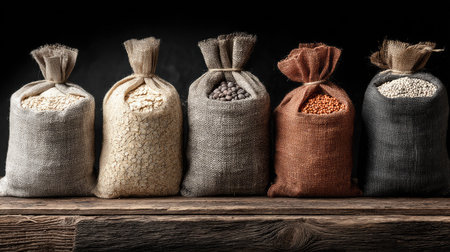 An artistic arrangement of different grains and legumes in rustic cotton sacks, showcasing natural textures and colors on a wooden surface, perfect for culinary-themed designs.の素材