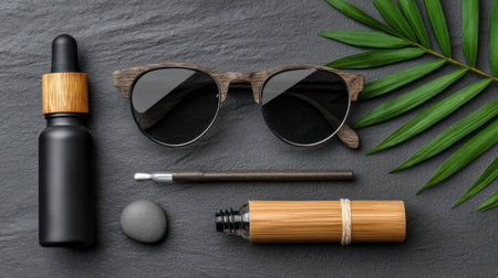 This flat lay features stylish sunglasses, a black dropper bottle, and natural elements on a textured surface, perfect for beauty and wellness themes.の素材