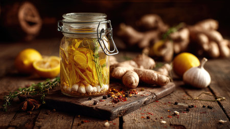 A beautifully arranged glass jar filled with fresh herbs and spices including ginger and lemon, showcasing rustic charm and culinary creativity.の素材