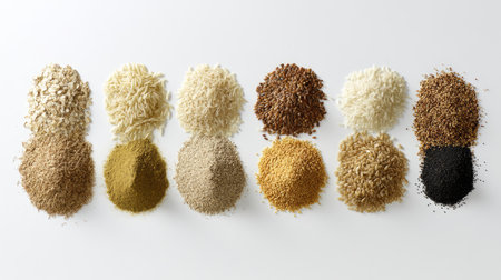 An artistic arrangement of assorted grains and spices on a clean white background, showcasing natural textures and colors ideal for food photography and culinary inspiration.の素材
