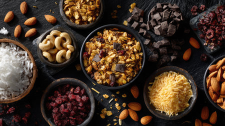 A visually striking display of healthy ingredients, featuring granola, nuts, chocolate, and dried fruits arranged in rustic bowls on a textured surface.の素材