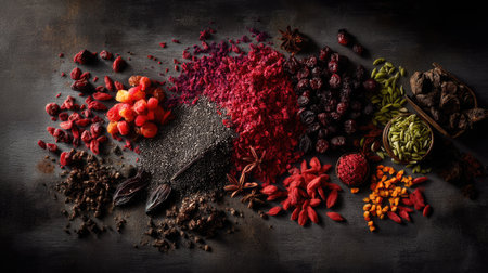 A stunning display of various spices and dried herbs arranged artistically on a dark surface, perfect for culinary inspiration and food photography.の素材