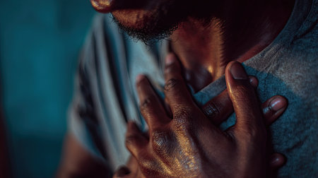 A close-up shot captures a person gripping their chest, portraying intense emotions of pain and anxiety. The image reflects a moment of vulnerability, emphasizing the struggle with stress and discomfort.の素材