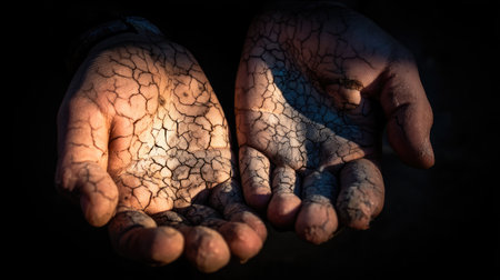 An artistic portrayal of cracked hands revealing dry earth, illustrating the severe effects of drought and environmental challenges facing humanity today.の素材