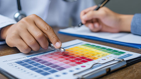 A medical professional examines a detailed color chart used for diagnosis while engaging with a patient in a clinical health environment.の素材