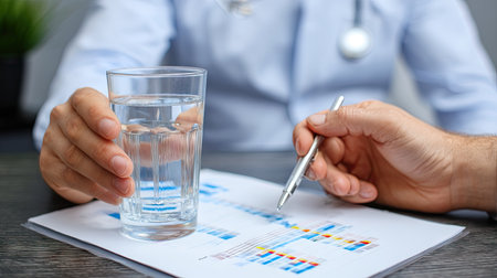A healthcare professional analyzes medical reports while holding a glass of water, highlighting the importance of communication and patient care in a clinical setting.の素材