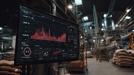 A modern factory interior featuring a high-tech display screen showing detailed graphs and analytics, representing real-time data monitoring and management.の素材