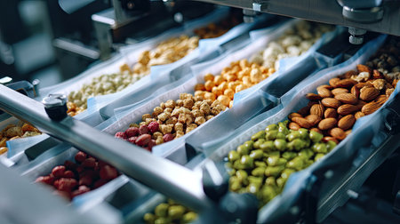 A high-tech automatic sorting machine efficiently organizes a variety of fresh nuts and dried fruits in a food processing factory environment.の素材