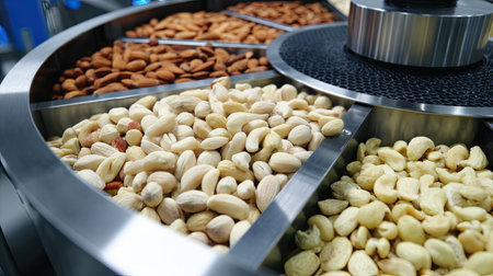 This image captures a modern food processing machine displaying a variety of nuts, highlighting the freshness and assortment available for healthy snacking options.の素材