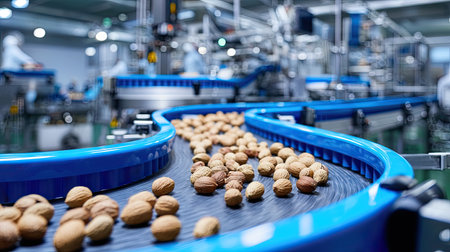 Image depicts a conveyor belt filled with nuts in a modern processing factory. The setting showcases advanced machinery and automation within food production.の素材
