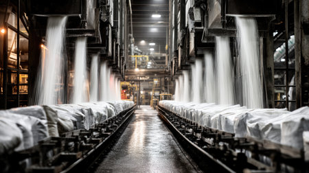 A detailed view of an industrial production line showcasing machinery pouring materials into bags, highlighting the efficiency and complexity of modern manufacturing processes.の素材