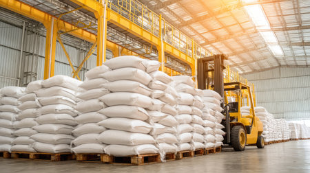 A bright warehouse interior features neatly stacked white sack bags on wooden pallets, with a forklift in action, demonstrating efficient logistics operations.の素材