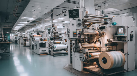 A spacious industrial printing facility featuring advanced machinery and bright lighting, showcasing an organized production workflow and efficient equipment setup.の素材