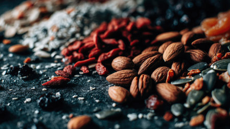 A captivating close-up of assorted nuts and dried fruits on a dark stone surface, showcasing their rich textures and colors, perfect for health and nutrition themes.の素材