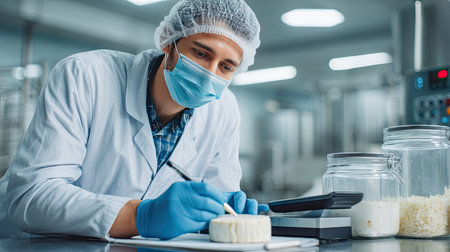 A dedicated technician in protective gear performs quality analysis of cheese in a modern dairy lab. Focused on precision and hygiene, he ensures safety standards.の素材