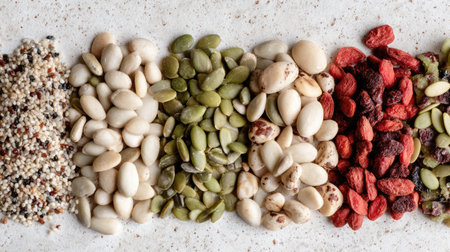 A colorful collection of assorted seeds and dried berries beautifully arranged on a textured background, perfect for promoting healthy eating and nutrition.の素材
