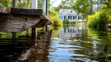 A serene waterfront scene featuring a wooden bridge over clear water, reflecting a charming house surrounded by lush greenery, creating a peaceful atmosphere.の素材
