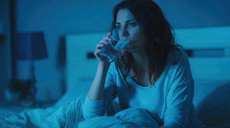 A woman sits on her bed at night, drinking a glass of water, surrounded by a calm blue light, reflecting a moment of solitude and contemplation.の素材