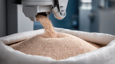 A robotic arm is dispensing fine granular material into a large bag in a modern industrial environment, showcasing advanced automation and precision technology.の素材