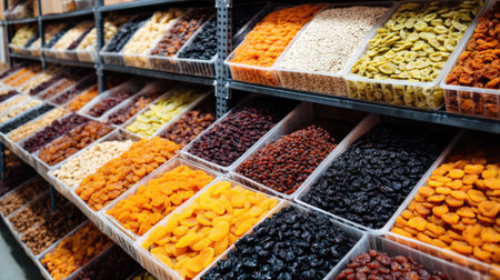 A vibrant array of dried fruits showcases an appealing marketplace setting. Each bin bursts with rich colors and textures, emphasizing the health benefits of????.の素材