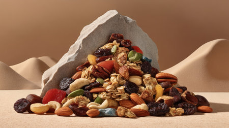 A vibrant assortment of nuts, dried fruits, and granola creates a visually appealing snack pile against a soft desert landscape, perfect for promoting healthy eating and snacking.の素材
