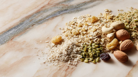 A visually appealing arrangement of various raw ingredients such as oats, nuts, and seeds on a stylish marble surface, ideal for healthy eating concepts and food photography.の素材