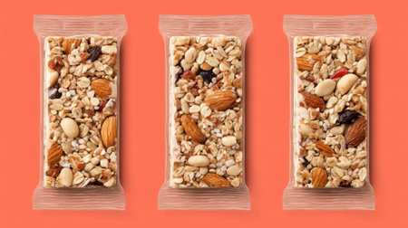 Three granola bars rich in nuts and dried fruits arranged neatly against a bright backdrop, perfect for promoting healthy snacking and nutritious choices.の素材