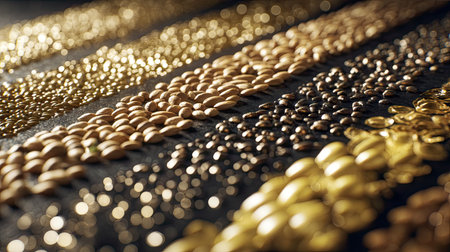 A stunning close-up image showcasing a variety of seeds and grains arranged in intricate patterns, highlighting their natural colors and textures against a dark background.の素材
