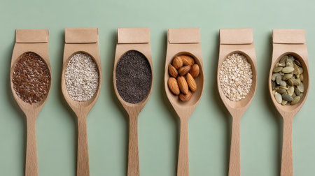 This image features an artistic arrangement of various nuts and seeds in wooden spoons placed on a soft green background, ideal for promoting healthy eating and cooking.の素材