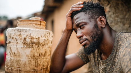 A contemplative man sits next to a stained water container, reflecting the struggles of water scarcity in rural communities, highlighting daily challenges and human resilience.の素材