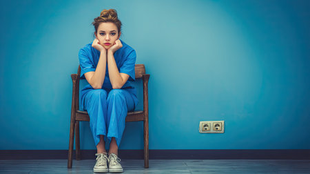 A young female nurse in blue scrubs sits thoughtfully alone on a wooden chair against a blue wall, portraying emotions of contemplation and solitude.の素材