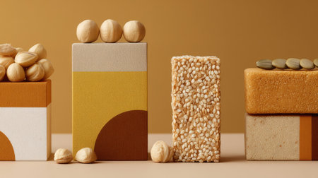 This captivating image features a modern arrangement of textured blocks and nuts, showcasing a minimalist style perfect for decor or culinary presentations.の素材