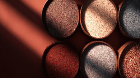 A captivating composition featuring colorful natural powders displayed in rustic bowls, enhanced by striking light and shadow effects, perfect for culinary or artistic inspiration.の素材