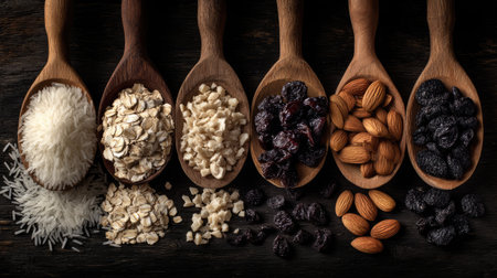 A visually appealing arrangement of various natural ingredients displayed in wooden spoons on a dark wooden surface, ideal for healthy cooking inspiration.の素材