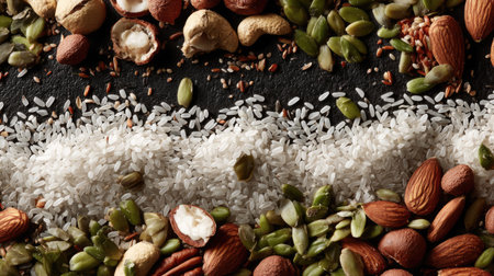 A vibrant composition featuring an array of nuts, seeds, and grains arranged harmoniously on a sleek slate background. Perfect for health-focused content.の素材