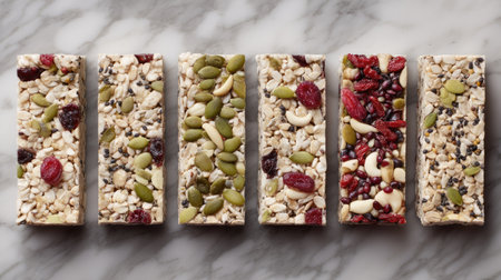 A delicious assortment of healthy snack bars featuring a mix of nuts, seeds, and dried fruits arranged neatly on a marble surface. Perfect for energy boosts!の素材