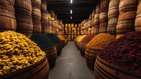 An eye-catching scene featuring an array of colorful spices stored in wooden barrels, showcasing the beauty of food ingredients in a rustic warehouse setting.の素材