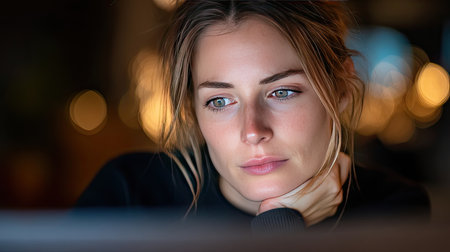 A young woman with a thoughtful expression gazes at her screen, bathed in soft light. This portrait captures focus and serenity in a modern, calm setting.の素材
